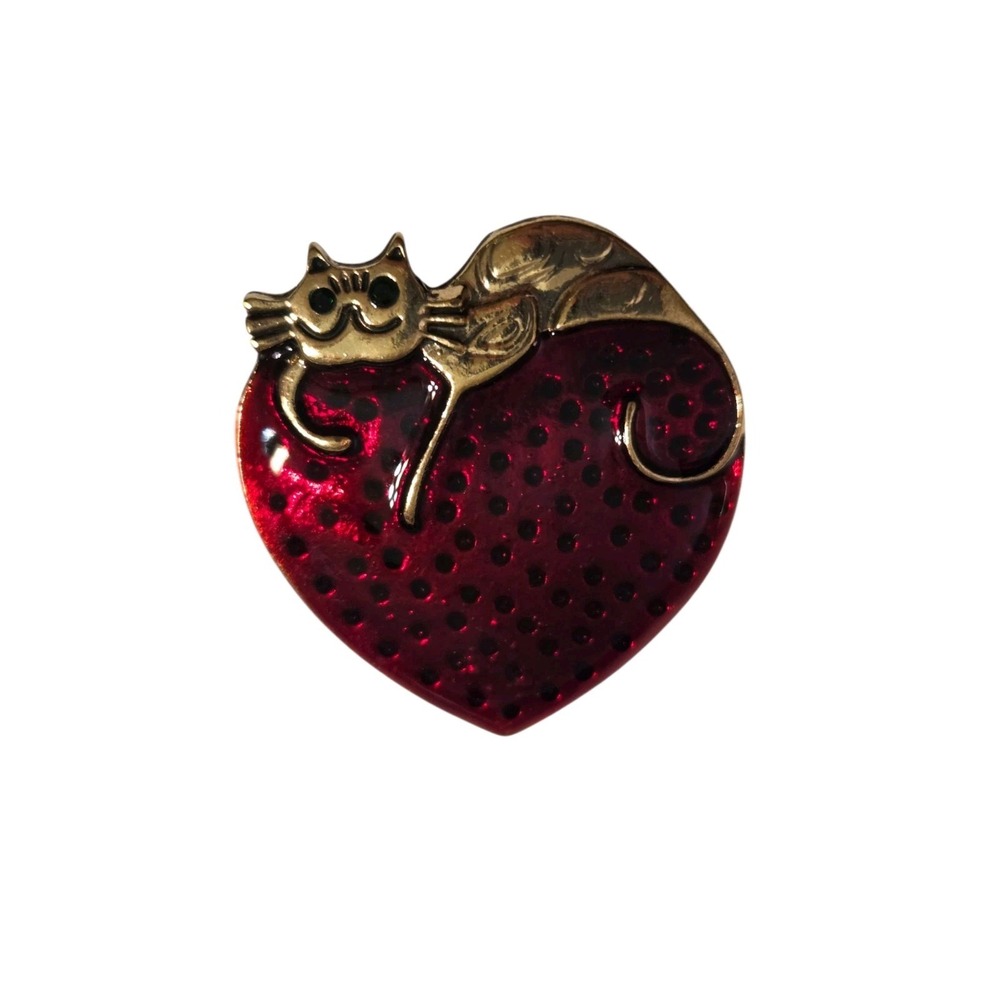 Gold-Tone Cat Laying On Enamel Strawberry Heart Brokch/Pendant